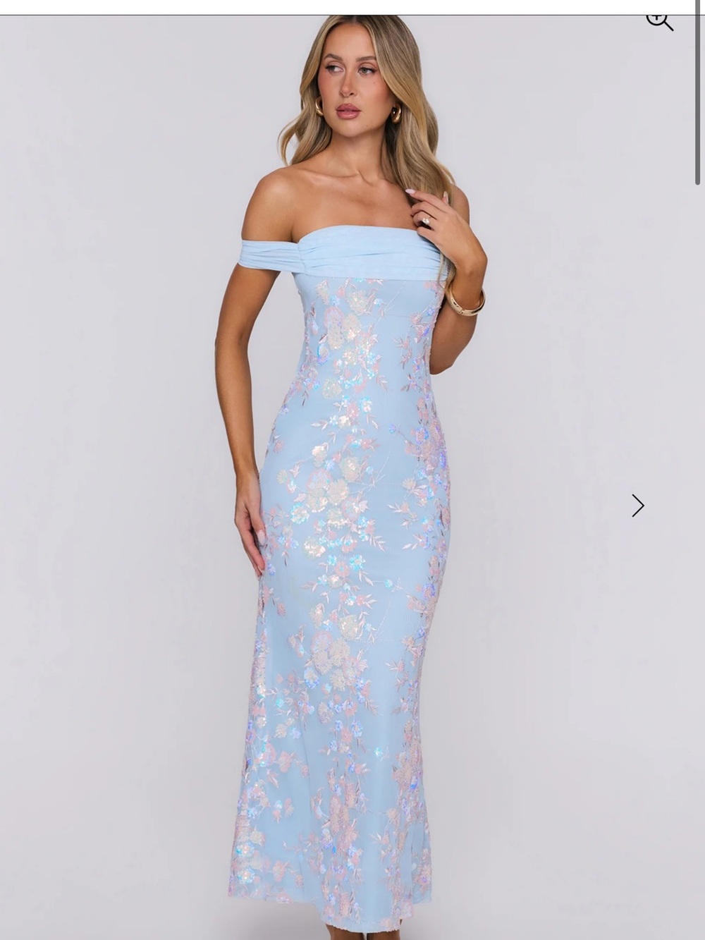 HelloMolly Off-Shoulder Light Blue Floral Sequin Evening Dress